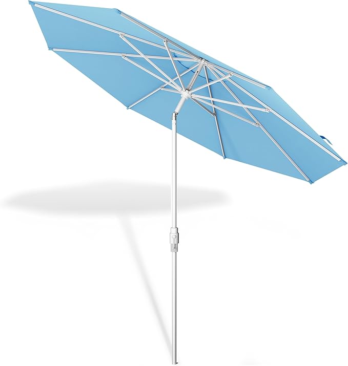 Midtown Umbrellas The Swilt 9 Feet Patio Umbrella in Sunbrella Capri Acrylic Fabric - Fiberglass Ribs, Auto-Tilt Aluminum Frame For Backyard, Deck, Garden, Pool - White Pole