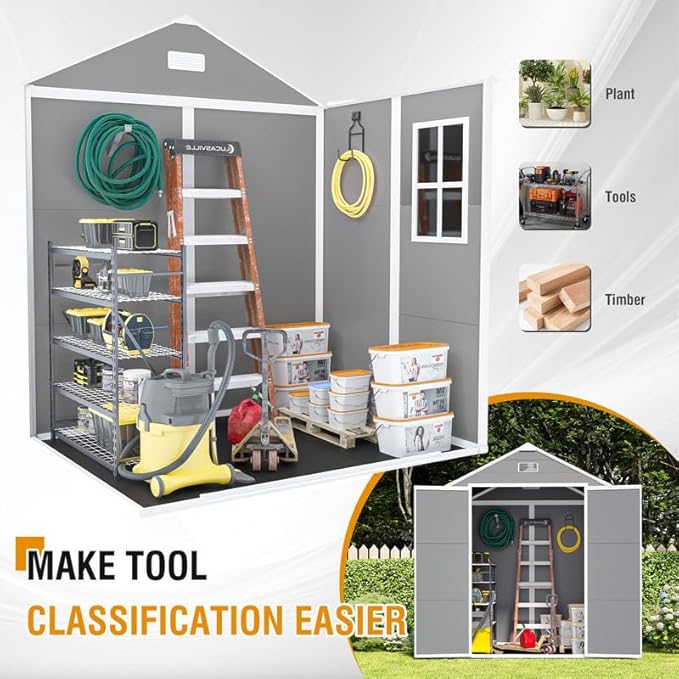 6x5 FT Outdoor Resin Storage Shed with Floor and Window, Outside Waterproof Plastic Garden Sheds w/Lockable Door & Vents, All-Weather Tool House for Patio, Backyard, Lawn, Grey