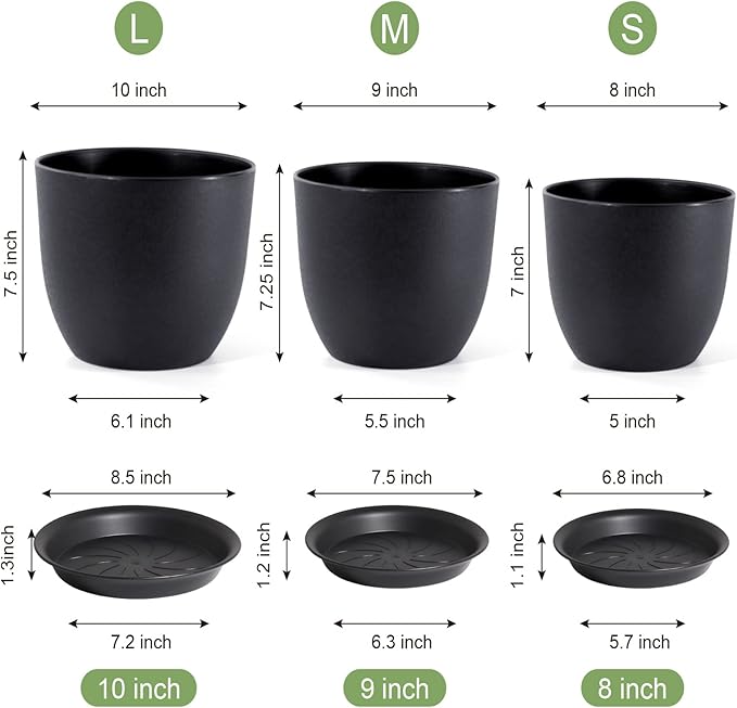10/9/8 inch Medium Plant Pots, 3 Pack Modern Decorative Plastic Planters with Drainage Holes and Saucers, Flower Pots for Indoor Outdoor Plants, Black