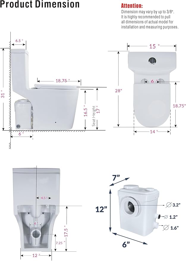 WinZo 450W Macerator Pump Toilet For Basement,Elongated 17-inch Tall Comfort Seat,Powerful Macerating Toilet System With 3 Water Inlet & Ac Vent