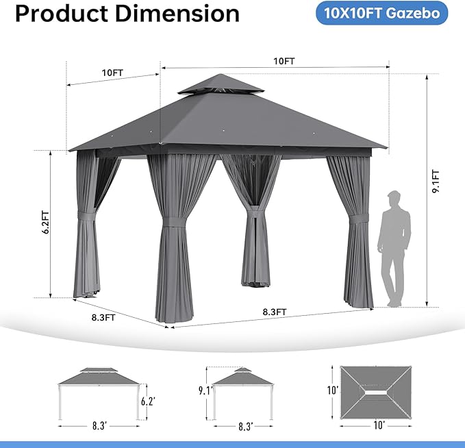 Outdoor Gazebo Metal Frame Patio Pergola Double Roofs Patio Canopy with Double-Layer Door and Mosquito Netting for Deck, Backyard, Lawn (Grey, 10x10FT)