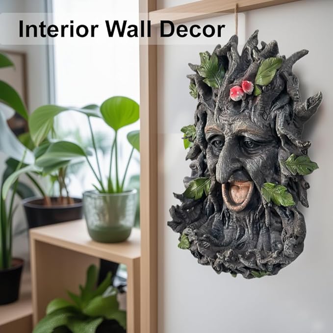 Tree Face Sculpture, Funny Old Man Tree Hugger Statue, Creative Props & Unique Animal Feeder for Indoor & Outdoor Garden, 11.5" x 7.5" x 3.5"