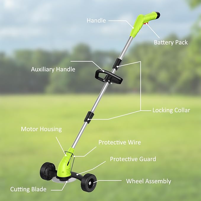 Electric Weed Wacker Cordless: String Trimmer with Roller 2Types Blades - 2.0Ah 12V Battery Powered Lightweight Grass Cutter/Mower for Yard and Garden, Green