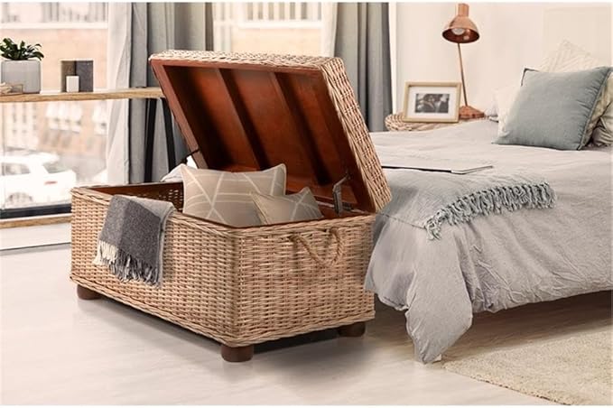 Pemberly Row Modern 42" Kubu Wicker/Rattan Storage Trunk in Tan