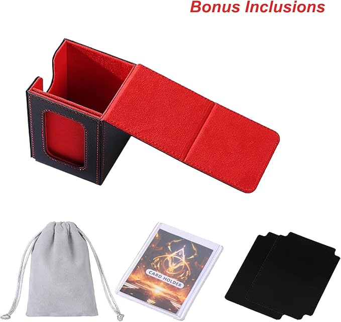 AFIING MTG Deck Box for Commander Display,Card Deck Box Fits 100 Double Sleeved Cards, Magic Commander TCG Card Storage Box with 2 Dividers,Drawstring Bag and 1 Toploader(Black/Red)