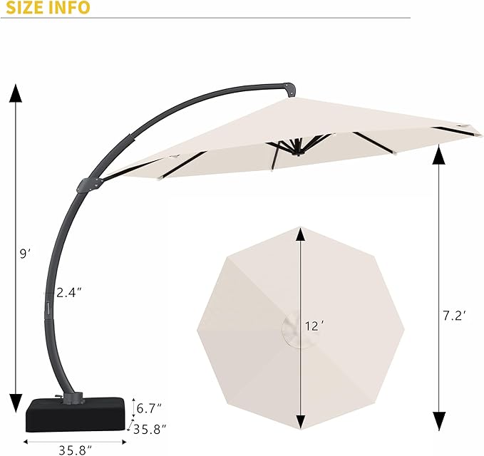 Kingdura 12ft Offset Cantilever Patio Umbrella with Base Included, Large Round Aluminum Outdoor Umbrella, 360° Rotation & Infinite Tilt, Heavy Duty Frame for Deck Pool Backyard, Creamy White