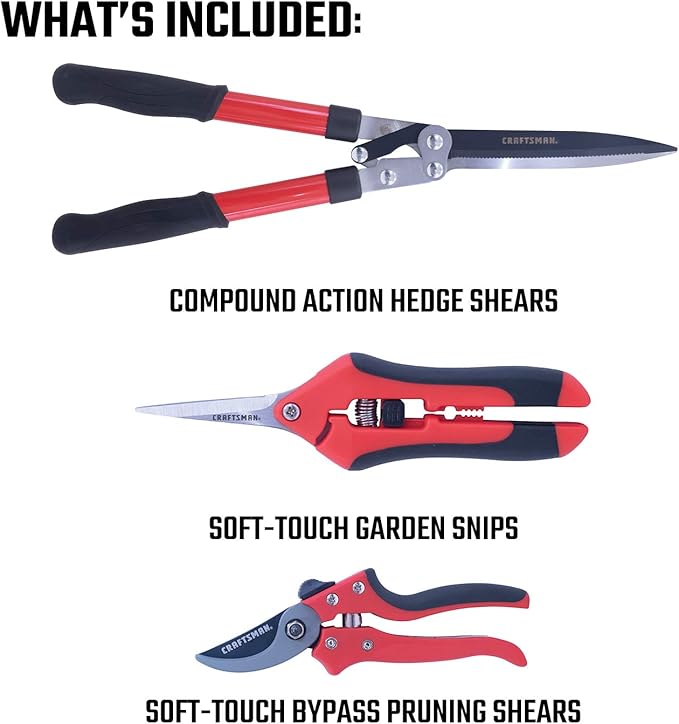 CRAFTSMAN 3-Piece Trimming & Sculpting Set with Bypass Pruning Shears, Garden Snips & Hedge Shears for Shaping, Trimming Delicate Plants, Shrubs & Trees