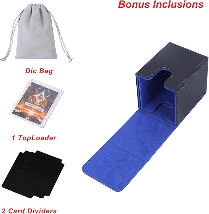 AFIING MTG Deck Box for Commander Display,Card Deck Box Fits 100 Double Sleeved Cards, Magic Commander TCG Storage Box with 2 Dividers,Drawstring Bag and 1 Toploader(Black/Blue)