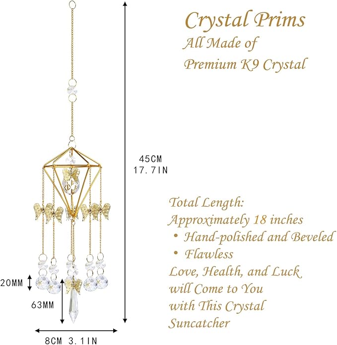 Sun Catchers with Crystals Indoor Window, Handmade Gold Plated Angel Suncatcher, Wind Chime Rainbow Maker Pendant