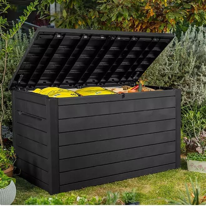 Stylish Indoor/Outdoor Storage Deck Box,Resin,Large Capacity, Weather-Resistant, Lockable lid and Side handles. (Black, 230 Gallon)