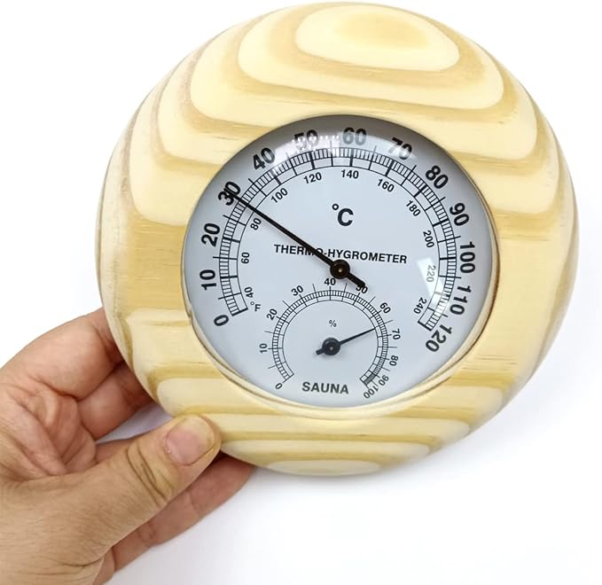HJJKKH Sauna Thermometer Hygrometer,2 in 1 Indoor Wooden Sauna Fahrenheit Hygrothermograph for Sauna Room Humidity Temperature Measurement,Sauna Accessories (Pine-Round)