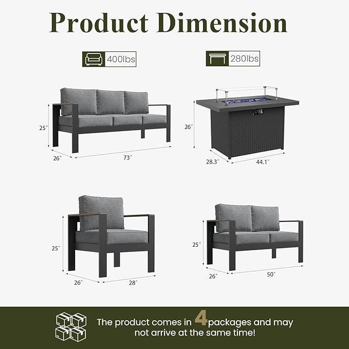 LayinSun 5 Piece Aluminum Outdoor Furniture Set with Fire Pit Table, Outside Patio Deep Seating Conversation Set with Upgraded Washable Thick Cushion