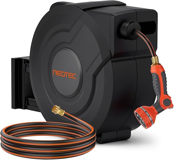NEOTEC Retractable Garden Hose Reel 1/2 inch x 100ft - Wall Mounted Heavy Duty Hose Reel with 3/4 Inch Brass Fittings & 9-Pattern Nozzle - Auto Rewind System, Any Length Lock, 180° Swivel Bracket