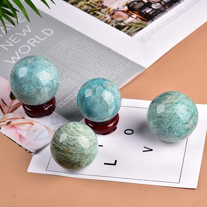 JIC Gem Amazonite Crystal Ball with Wood Stand Gemstone Sphere,Healing Crystal Balls for Reiki Chakra Decoration Fengshui (30-40mm)