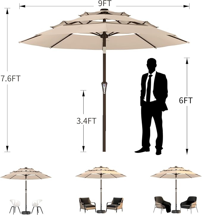 9FT 3-Tier Large Outdoor Patio Umbrella Market Table Umbrella-UV Resistant,Easy Push Button Tilt and Crank,8 Sturdy Fiberglass Ribs Heavy-Duty Pool Umbrella for Deck,Backyard,Garden,Yard,Light Gray