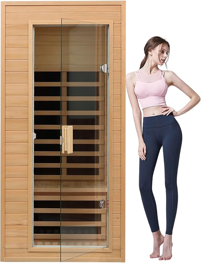 1 Person Infrared Sauna, Low EMF Infrared Saunas for Home, Hemlock Wooden Far Infrared Sauna Indoor, 1,200watt, Home Sauna Spa, with Bluetooth Speakers, LED Light, Smart Display