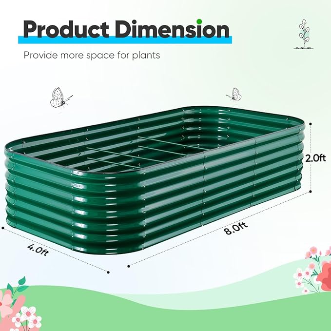 Quictent Galvanized Raised Garden Bed Kit, 8x4x2 ft Oval Metal Planter Box Tall for Vegetables Outdoor Backyard, Rubber Strip Edging Included (Dark Green)