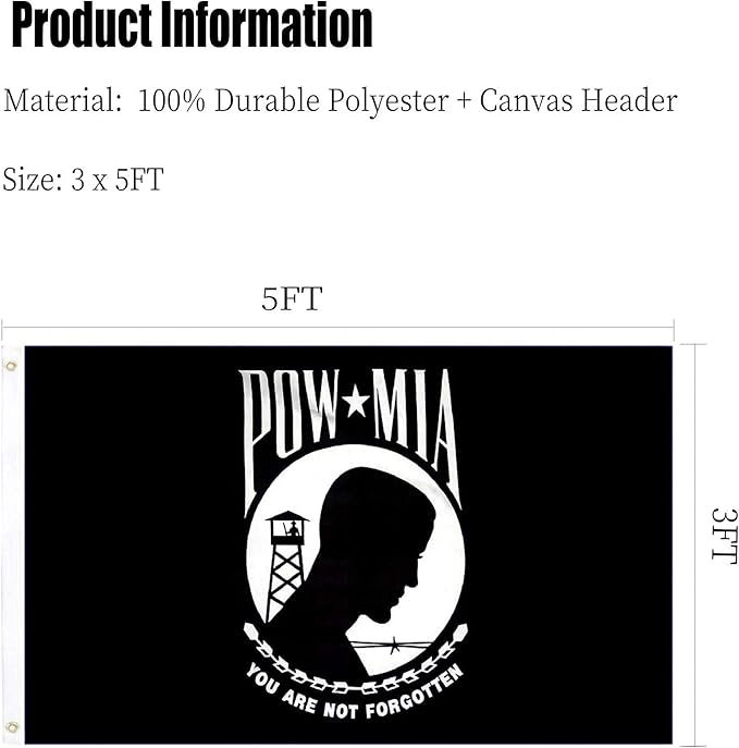 Pow Mia Flag 3x5 Ft Outdoor Heavy Duty Polyester Military Pow FlagsDouble Sided 3 Ply Banner 200D with Durable Canvas Header and 2 Brass Grommets Powmia Banner- You are Not Forgotten War Flags