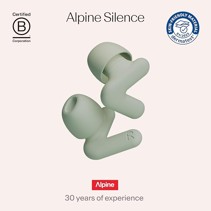 Alpine Silence Earplugs for Sleep, Focus & Travel - V-Shape Snug Fit & Soft Oval Tips – 4 Sizes XS/S/M/L - Comfortable, Reusable Hearing Protection - 22dB – Green