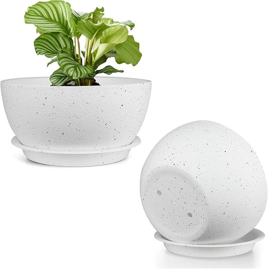 10 inch Plant Pots Pack of 2, Plastic Planter with Drainage Holes and Saucers, Plant pots for Indoor Outdoor Use, Flower Pots for All House Plants (Speckled White)