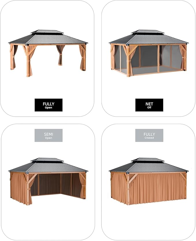 GAOMON Hardtop Spruce Wood Gazebo 12'x16', with Double Roof of Metal Sheets, 4.7'' Heavy Duty Poles, Net, and Curtain, Permanent Building for Patio, Deck, Backyard, Lawn, and Garden, Khaki