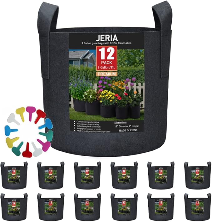 JERIA 12-Pack 3 Gallon, Vegetable/Flower/Plant Grow Bags, Aeration Fabric Pots with Handles (Black), Come with 12 Pcs Plant Labels