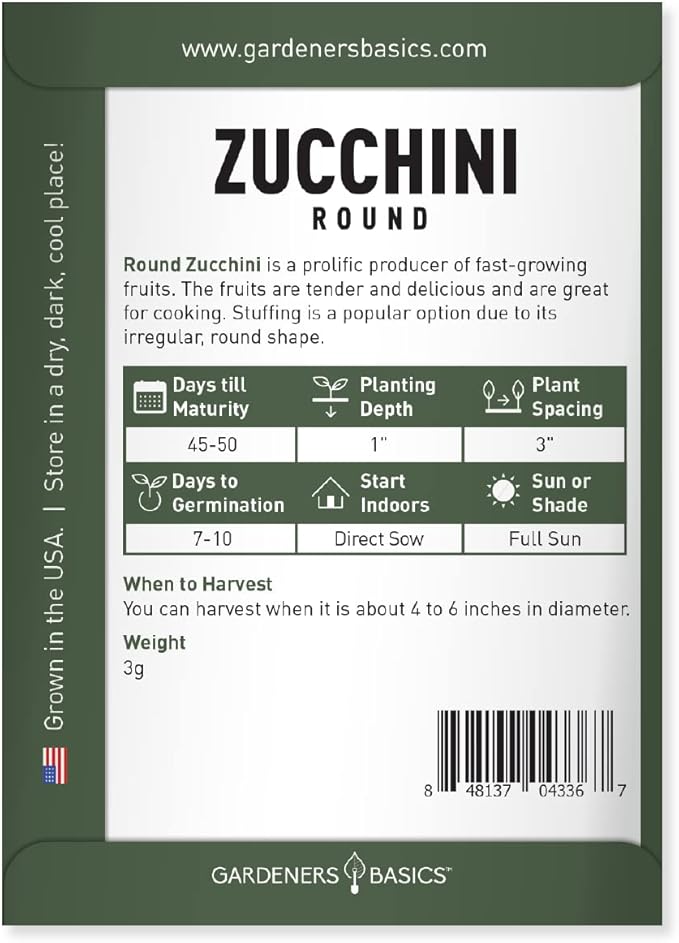 Round Zucchini Seeds for Planting Heirloom, Non-GMO Vegetable Summer Squash Container Variety- 3 Grams Seeds Great for Summer Garden by Gardeners Basics