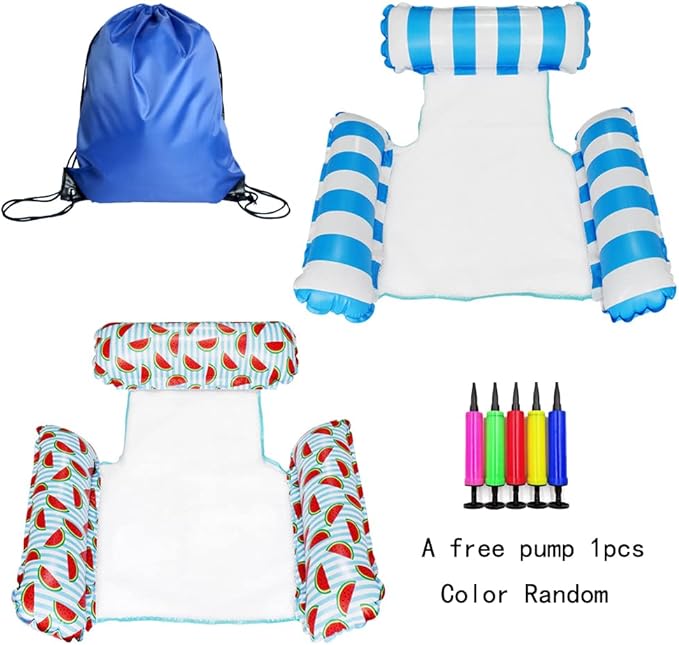 HJW 2-Pack Inflatable Pool Lounger Chair - Multi-Purpose Floating Hammock for Adults, Comfortable Pool Float Raft for Swimming Pool & Water Activities(Striped Light Blue + Watermelon)