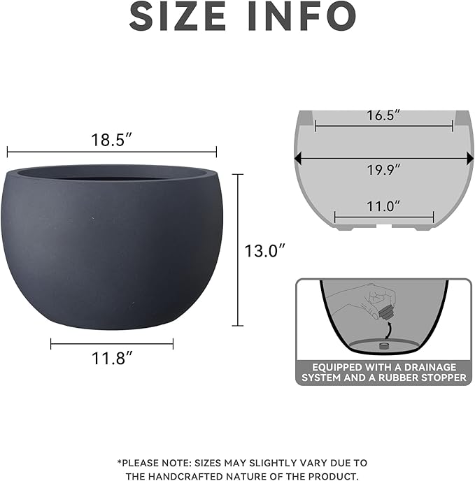 Kante 19.9" Dia Round Concrete Planter, Outdoor/Indoor Large Bowl Plant Pots with Drainage Hole and Rubber Plug for Garden Patio Balcony Home, Dark Gray