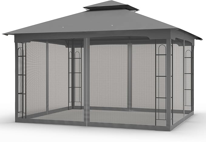 COOS BAY 10x12 Outdoor Patio Gazebo with Netting, Two-Tier Soft Top Canopy for Backyard, Lawn, Deck and Garden, Gray