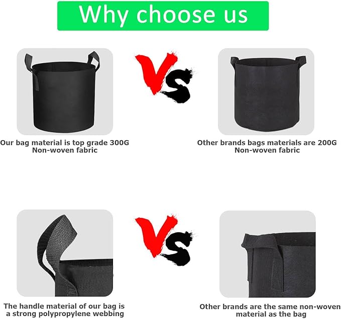 20-Pack 3 Gallon Grow Bags, Heavy Duty Aeration Fabric Pots with Handles,300G Thickened Nonwoven Pots for Plants/Vegetables/Flowers