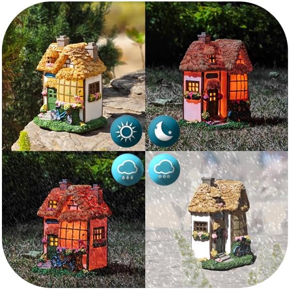 Rustic Thatched Flower Shop Resin Cottage – Fairy House Garden Statues Outdoor, Solar-Powered Warm Lights,Weatherproof, Spring Vines & Bicycle Décor,Perfect Home Gifts for Mom Wife Grandma