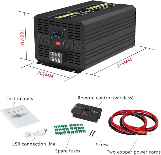 4000W Pure Sine Wave Power Inverter 12V DC to 120V AC 60HZ with LCD Display, USB Port, Wireless Remote Control(10M), Solar, Outdoor