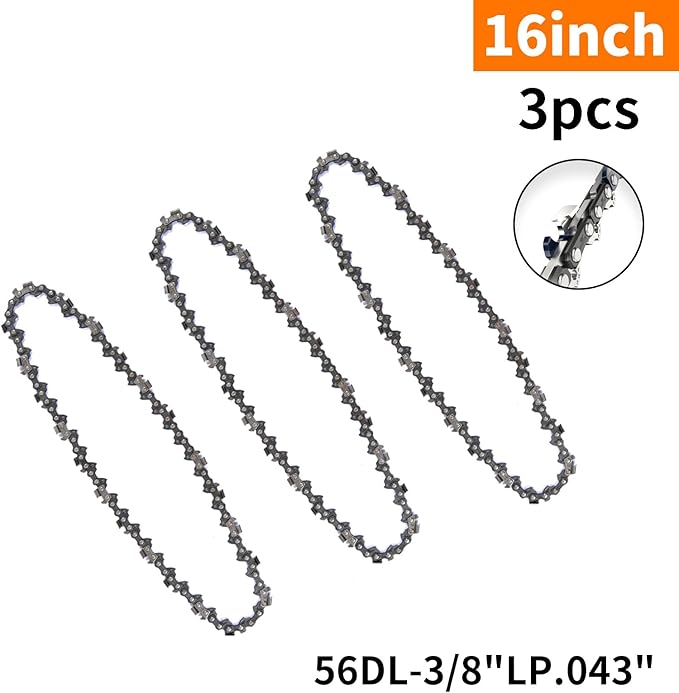 3Pcs 16 Inch Chainsaw Chain, 3/8" LP Pitch .043" Gauge 56 Drive Links,Replacement Chains for Portable Mini Chainsaw, Guide Saw Chain for Chainsaws (16"-56DL-3/8"LP .043"-3pcs)