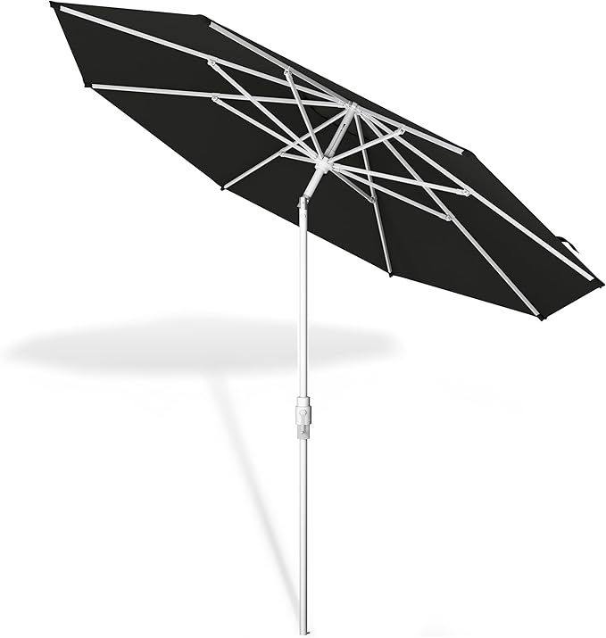 Midtown Umbrellas The Swilt 9 Feet Patio Umbrella in Sunbrella Black Acrylic Fabric - Fiberglass Ribs, Auto-Tilt Aluminum Frame For Backyard, Deck, Garden, Pool - White Pole