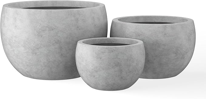 Kante 19.9",15.7",11.8" Dia Round Concrete Planter Set of 3, Outdoor/Indoor Large Bowl Plant Pots with Drainage Hole and Rubber Plug for Garden Patio Balcony Home, Natural Concrete