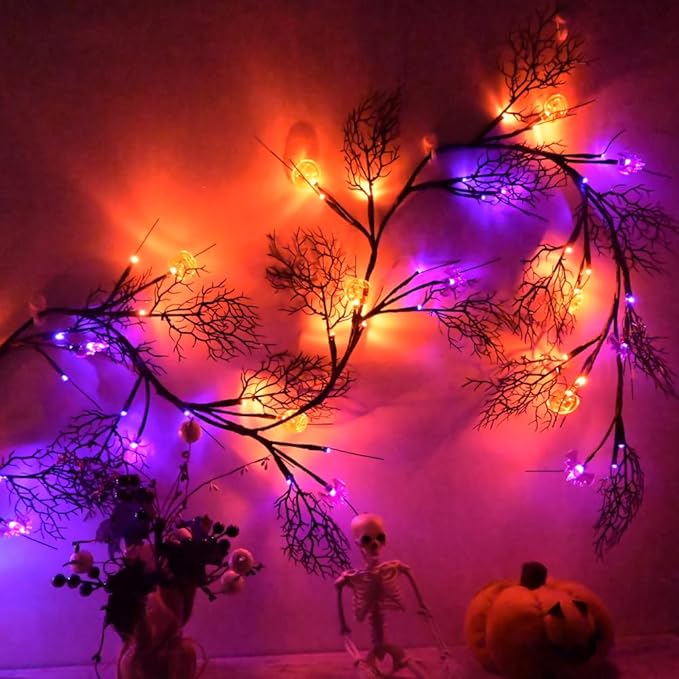 Halloween Garland with Lights 8.86FT 72LED Willow Vine Twig with Timer Black Garland Lights with Orange Pumpkins Purple Bats and Black Leaves Dead Branches Halloween Decorations Indoor Outdoor