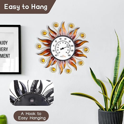 Indoor Outdoor Thermometer, Sun Wall Mounted Thermometer Decorative for Patio, Living Room, Garden Greenhouse, Wine Cellar, No Batteries Required