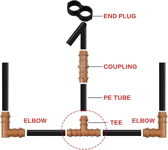 JAYEE 25 Pack Drip Irrigation Barbed Tee Fittings (17mm) for 1/2" Drip Hose(0.600”ID) ,Sprinkler Tubing Connector for Drip System
