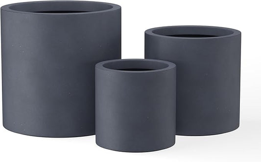 Kante 9.8",12.6",15.7" Dia Round Concrete Planter Set of 3, Modern Style Large Cylindrical Plant Pot with Drainage Hole and Rubber Plug for Indoor Outdoor Patio, Charcoal
