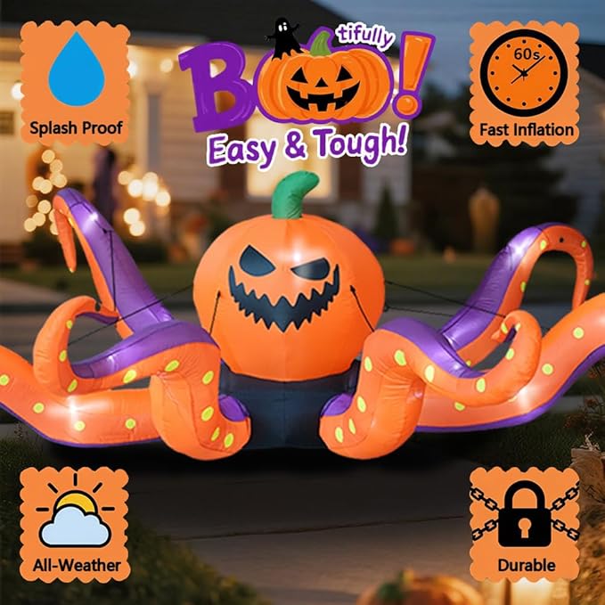 GARIG 12FT Halloween Inflatables Outdoor Decorations Pumpkin Octopus Tentacles Build-in LEDs Lights Blow Up Yard Decorations for Garden Lawn Window Indoor Party Holiday Decor
