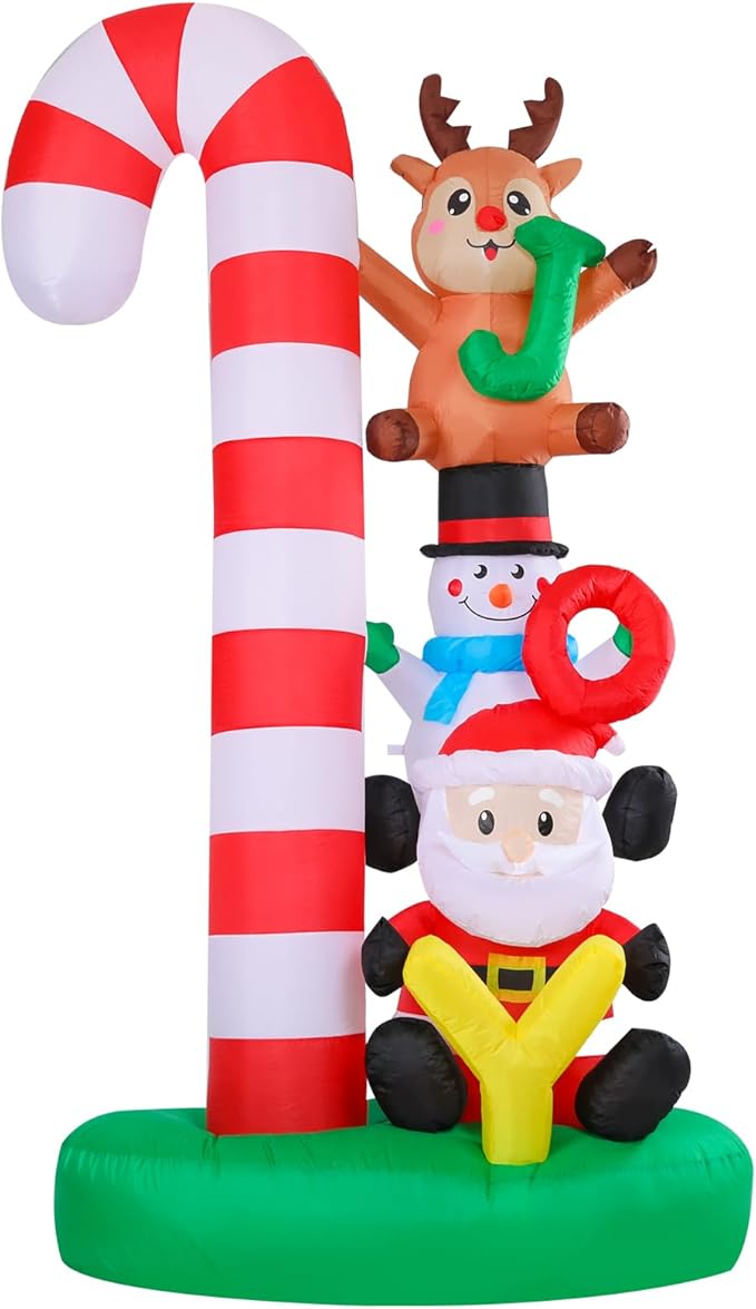 MUMTOP Christmas Inflatable Outdoor Decoration, 7.8 FT Candy Cane Christmas Inflatables with Joy Sign, Elk, Snowman and Santa Blow Up Lighted Holiday Displays for Garden Yard Outside Winter Decor