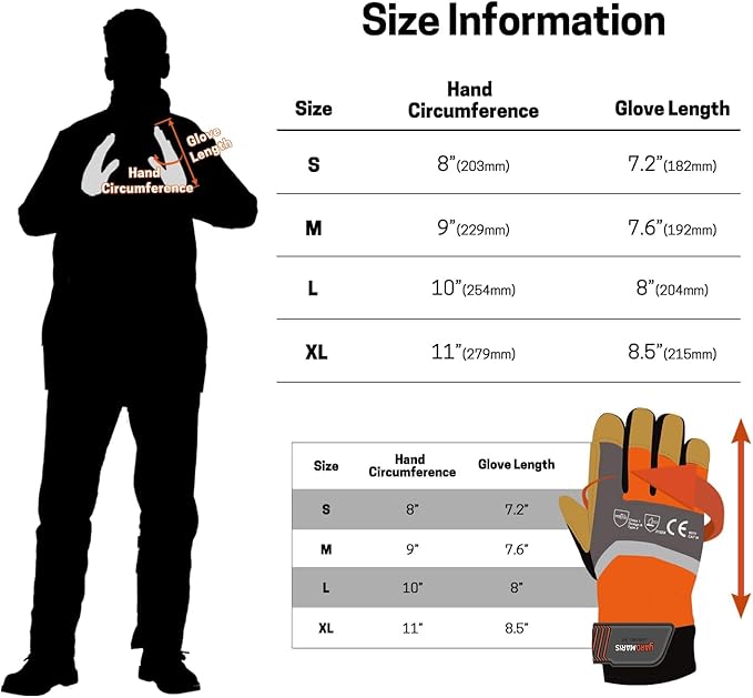 Chainsaw Gloves, Genuine Leather Logging Safety Gloves, 12-Layer Anti-cutting Protection on Left Hand Back, Cowskin