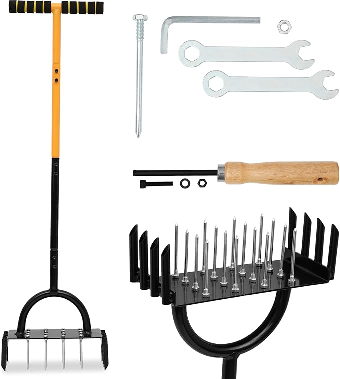 2-in-1 Lawn Aerator Tool, Multifunctional Carbon Steel Aeration Tool for Lawn , Manual Lawn Air Aerator Tool with 24 Spikes, Grass Aerator for Lawn for Compacted Soil, Garden Tool Lawn Core Aerator