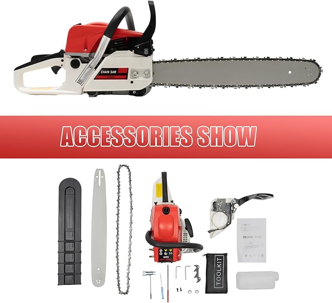 20 Inch Gas Chainsaw 52CC 2KW Petrol Chainsaws 2-Stroke Engine Chainsaw Chain Saw Set for Cutting Wood Outdoor Home Farm (Red)