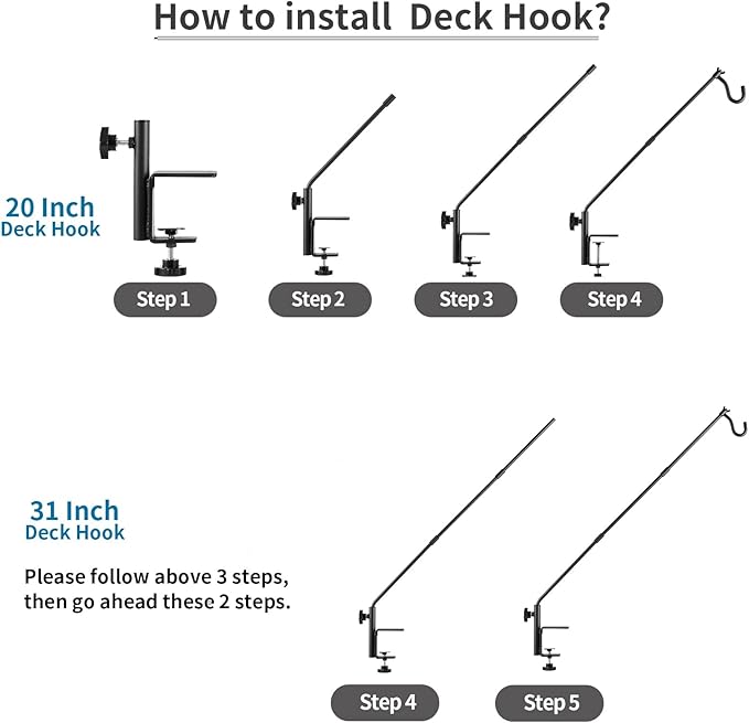 4 Pack Heavy Duty Fence Deck Hook 31 Inch for Bird Feeder-Extended-Adjustable-360 Degree Rotary-Solid Rod Plant Bracket Hanging Hooks for Planters, Suet Baskets, Lanterns, Wind Chime,Unassembled
