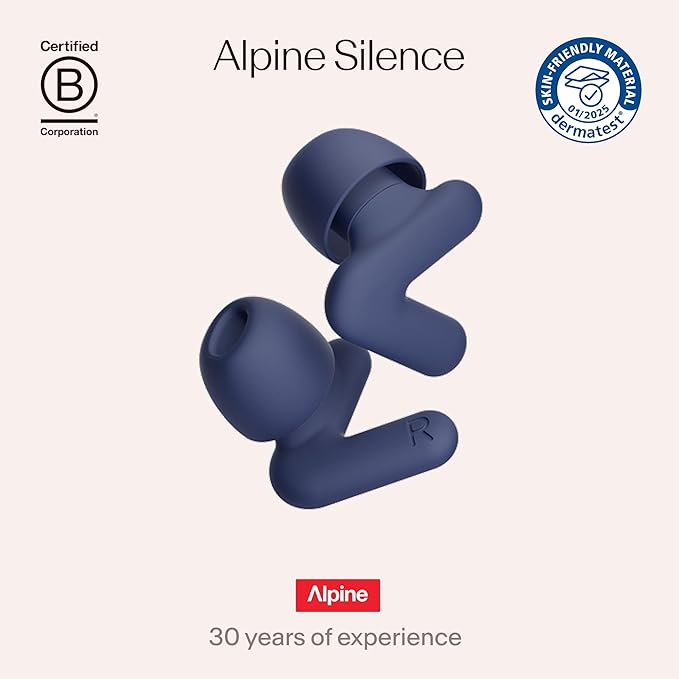 Alpine Silence Earplugs for Sleep, Focus & Travel - V-Shape Fit & Soft Oval Tips – 4 Sizes XS/S/M/L - Comfortable, Reusable Hearing Protection - 22dB – Midnight Blue