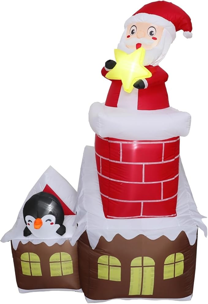 DearSun 7FT H Lovely Christmas Inflatable Santa in The Chimney of Candy House with Penguin&Star Decorations, Blow up Christmas House with Build-in LED Lights Indoor Outdoor Holiday Decoration