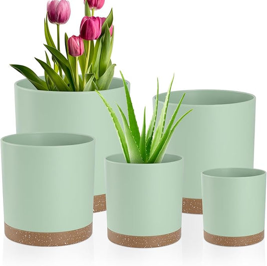 Plant Pots – 7/6.5/6/5/4 Inch Plastic Planters with Drainage Holes and Saucers, Flower Pots for Indoor and Outdoor Plants (Green)