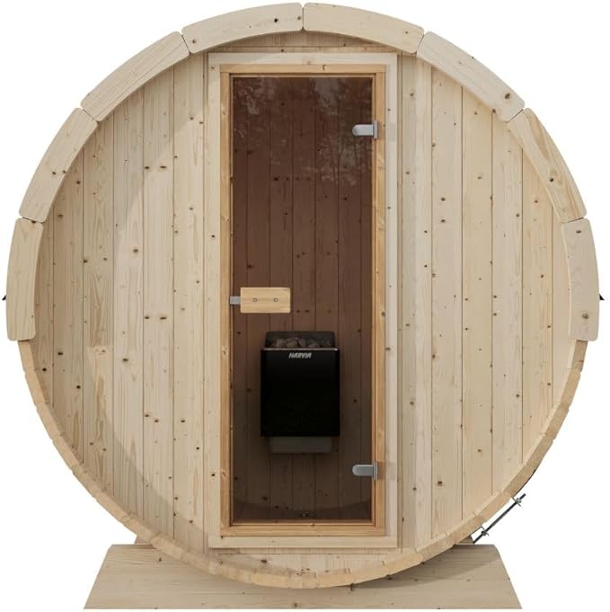 EuroSauna 2-Person Outdoor Barrel Sauna with Shingles, Lighting, & 6kW Harvia Sauna Heater, 81x59